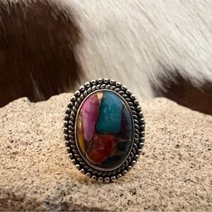 ❤️ Kingman Pink Spiny Oyster Turquoise / Pink Dahlia Navajo Sterling Ring Size 5